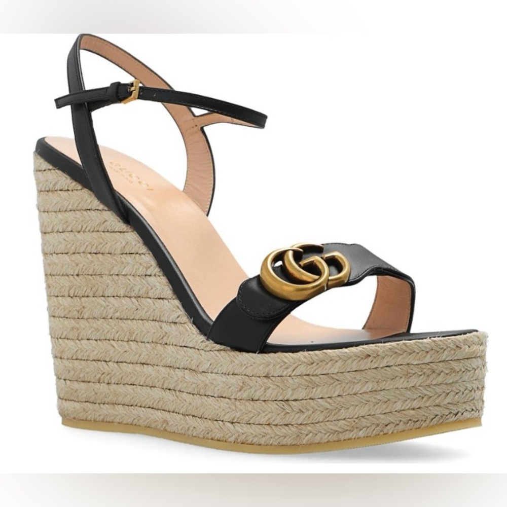 Gucci Black Leather Double G Espadrille Wedge Sandals